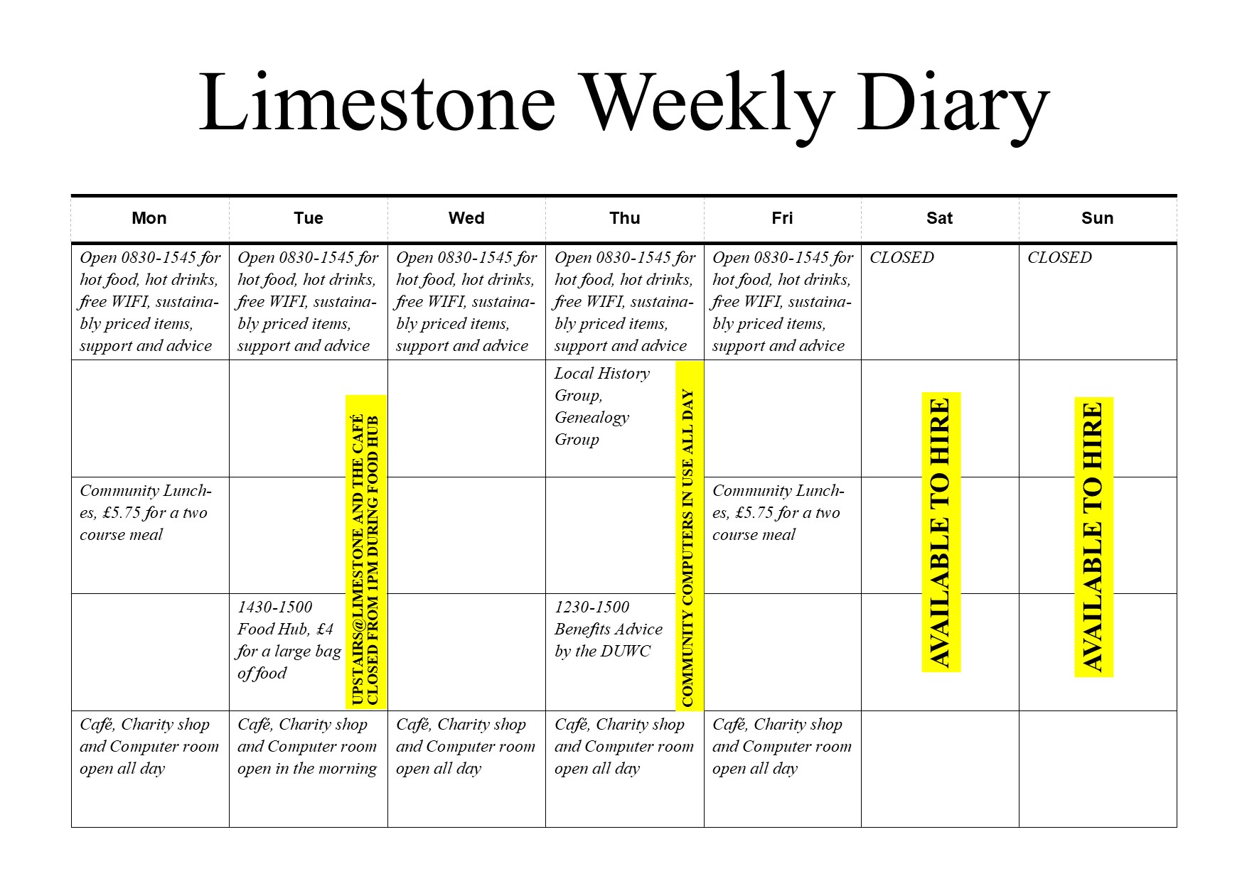 Limestone weekly Diary